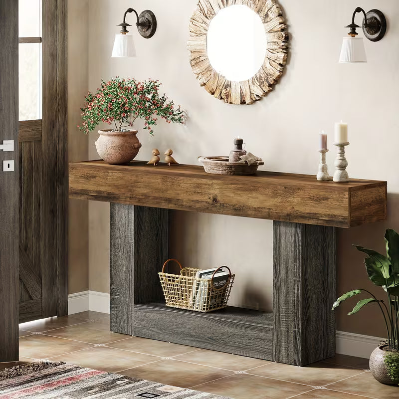 63" Modern Farmhouse Console Table with U-Shaped Base & 2-Tier Shelves