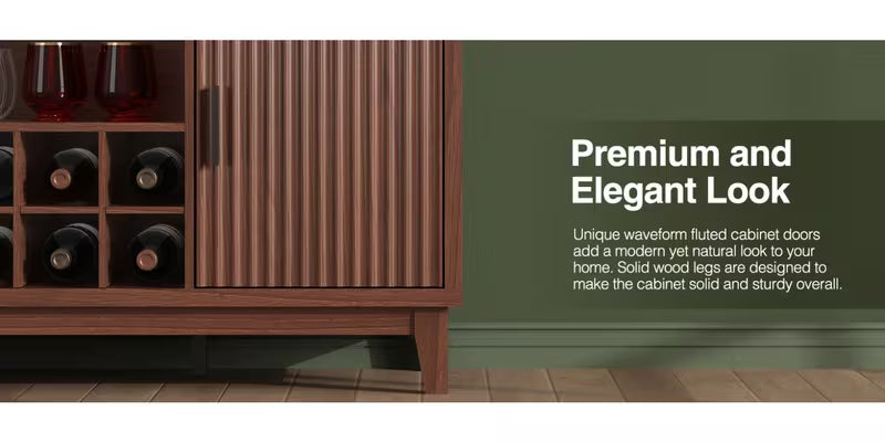 Modern Walnut Fluted Buffet Cabinet with Wine Rack, Cup Holder & Built-in Outlet