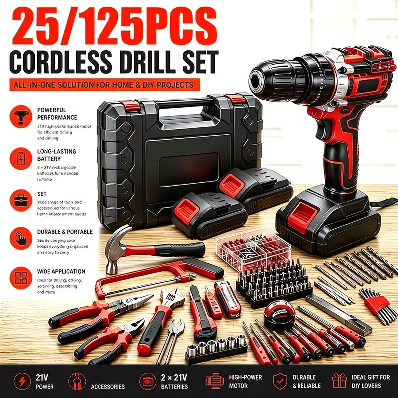 21V Cordless Impact Drill Set (Strengthen Battery And Fast Charging)