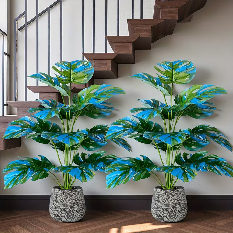 2pcs 23.62-Inch Large Artificial Green Plant Blue Monstera Tree, Faux Tropical Potted Plant
