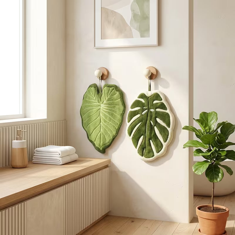 Leaf-Shaped Bathroom Hand Towel, Hangable Design, Absorbent Material