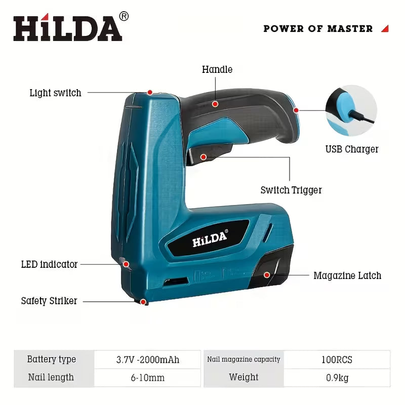 HILDA Blue Nail Gun, Electric Gas Nail Gun, Decoration, Frame Nail Gun, 2000 Nails, Portable