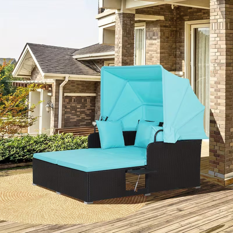 COSTWAY 2-Person Outdoor Daybed, Patio Double Chaise Lounger with Retractable Canopy And Side