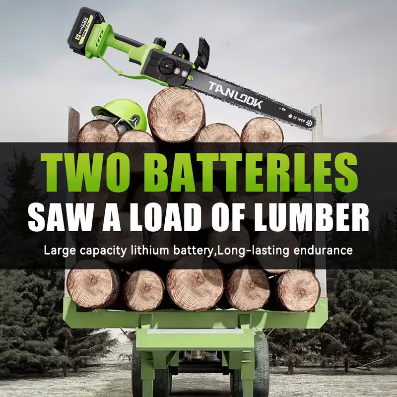 Green Cordless Electric Chainsaw Portable Rechargeable Battery Powered, Wood, Green