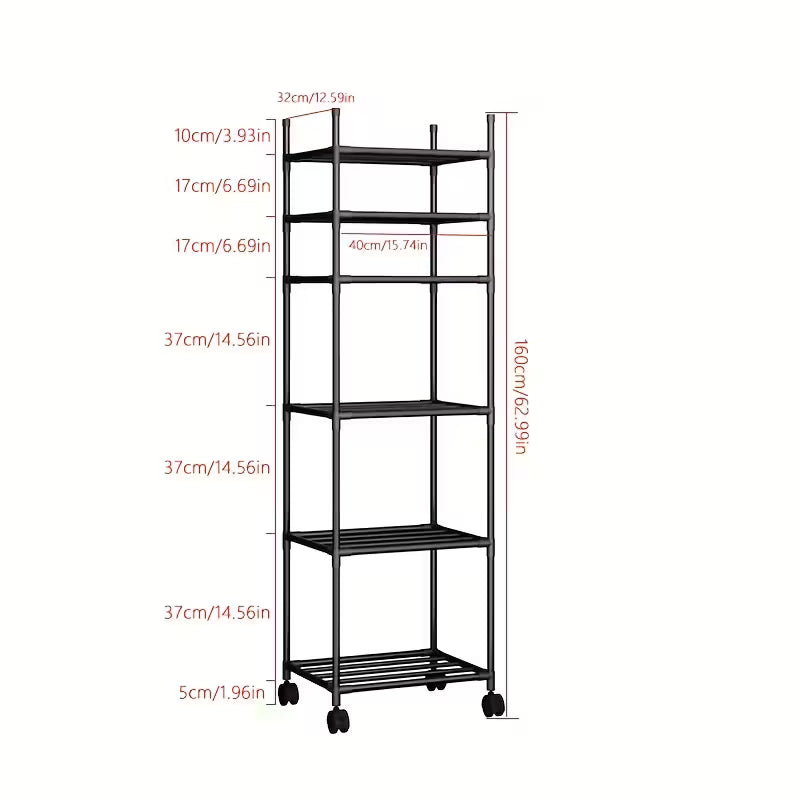 6-Tier Adjustable Rolling Metal Storage Cart - Multi-Purpose Organizer with Wheels & Hooks