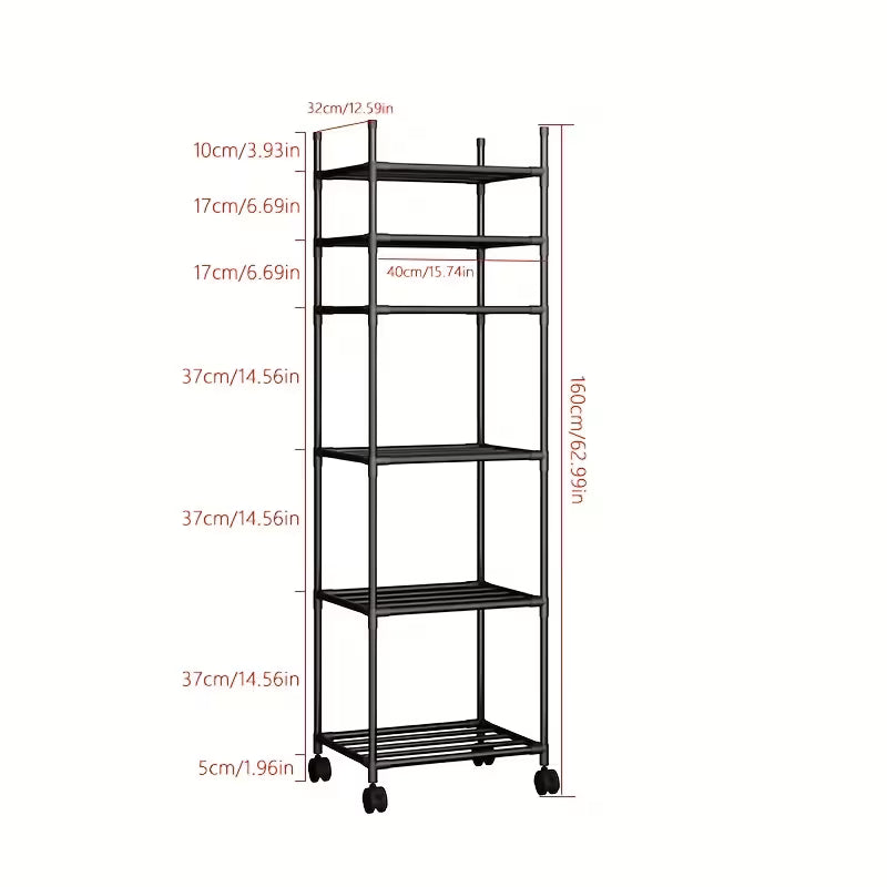 6-Tier Adjustable Rolling Metal Storage Cart with Wheels & Hooks