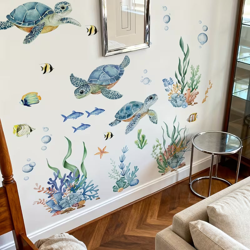 A set of two sea creatures sea turtles seaweed wall stickers spring home decor stickers