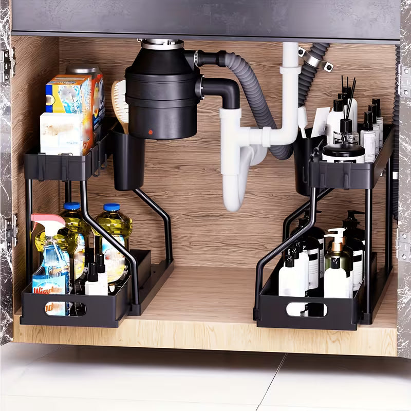 2pcs Double Layer Storage Basket, Multi-Purpose Under Sink Organizer Rack