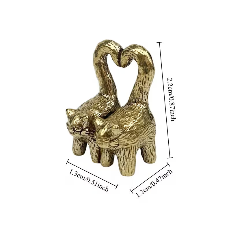 Handmade Vintage Brass Double Cat Figurine Ornament, Heart-Shaped Tail Couple Kittens