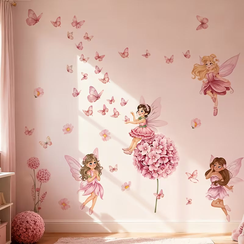 2pcs/1set Pink Floral Fairy Butterfly Wall Sticker, Removable PVC Aesthetic Girly Art Decal
