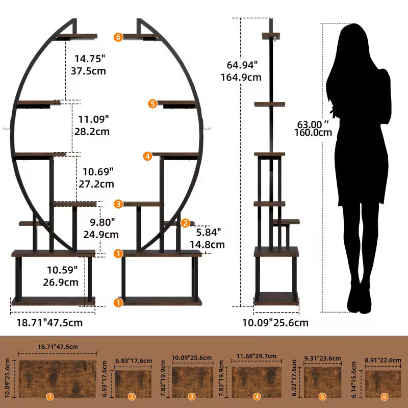 2pcs Bookshelf with Lights, 7 Tiered 65' Multi-Functional Metal Black And Brown Shelving Unit