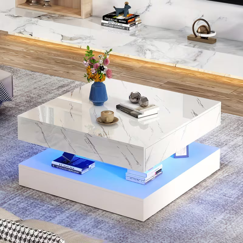 33.9" LED Coffee Table with Storage, Modern High Glossy Living Room Table W/2 Drawers