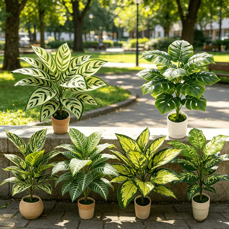 Set, Includes Various Artificial Leaf Plants - Monstera