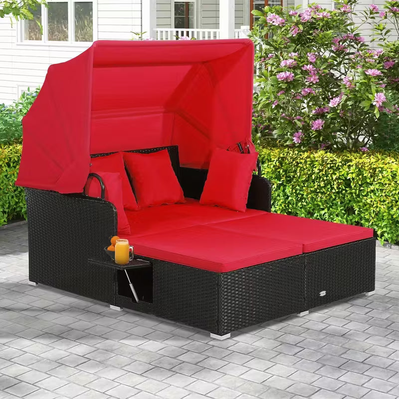 COSTWAY 2-Person Outdoor Daybed, Patio Double Chaise Lounger with Retractable Canopy And Side