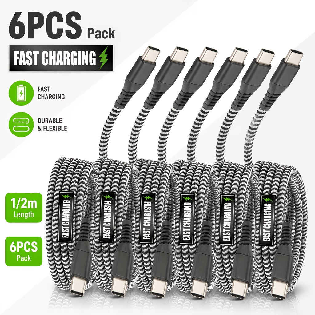 60W PD USB-C to USB-C Cable Nylon Braided Black Gray Set, Black