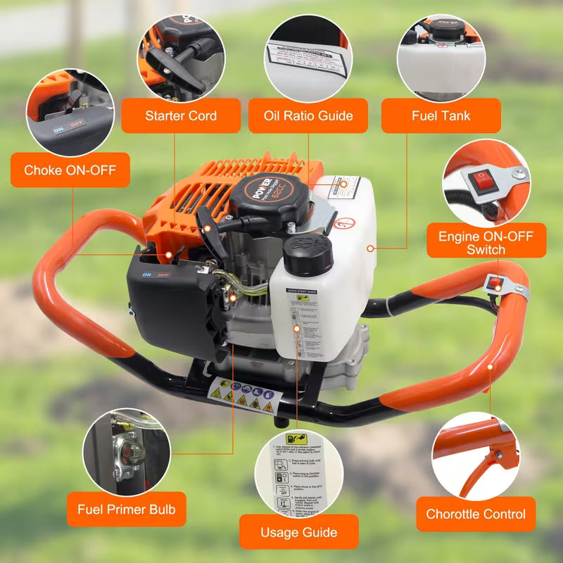 62CC Auger Post Hole Digger, a Gas-Powered Earth Post Hole Digger with 2 Auger Drill Bits (6" & 8")