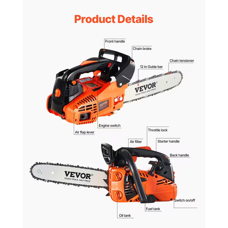 VEVOR 25CC 12" Gasoline Chainsaw Gas Powered Wood Cutting Engine Gas Chain Saw