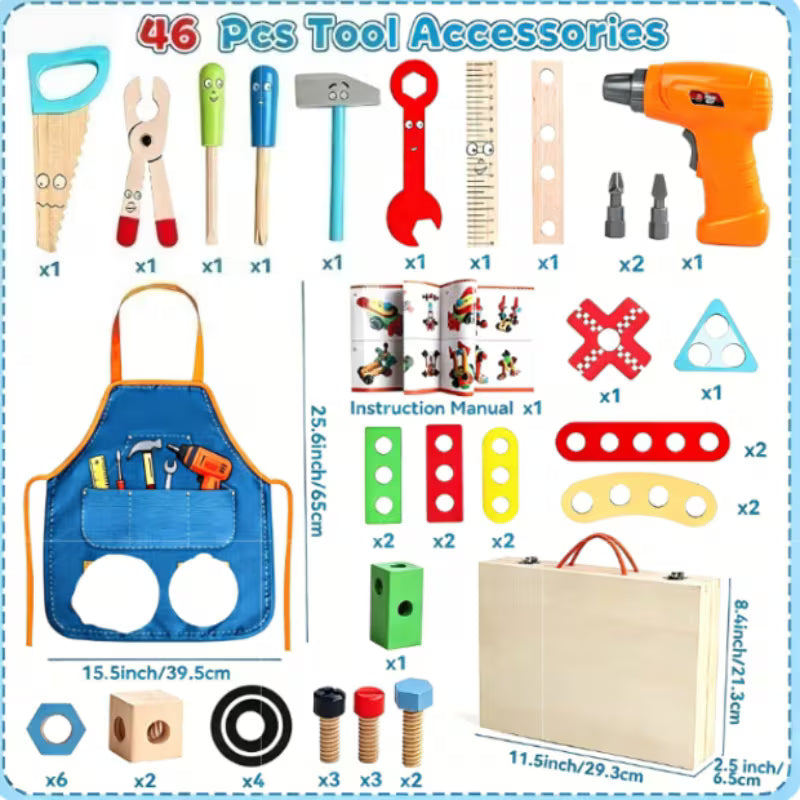 44-Piece Wooden Kids Tool Set with Electric Drill