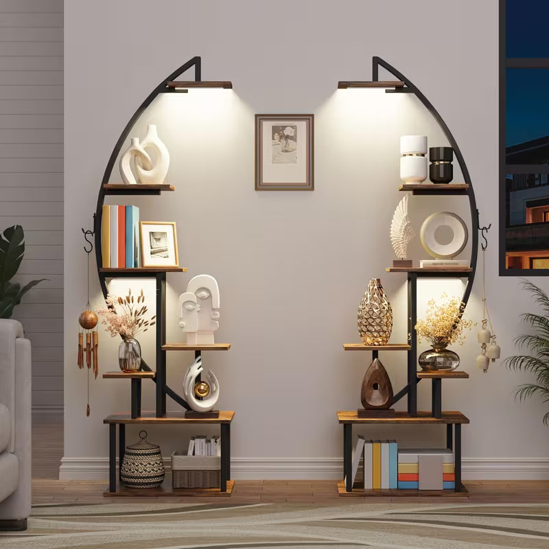 Bookshelf with Lights, 7 Tiered 65' Multi-Functional Metal Set, Wooden, Black
