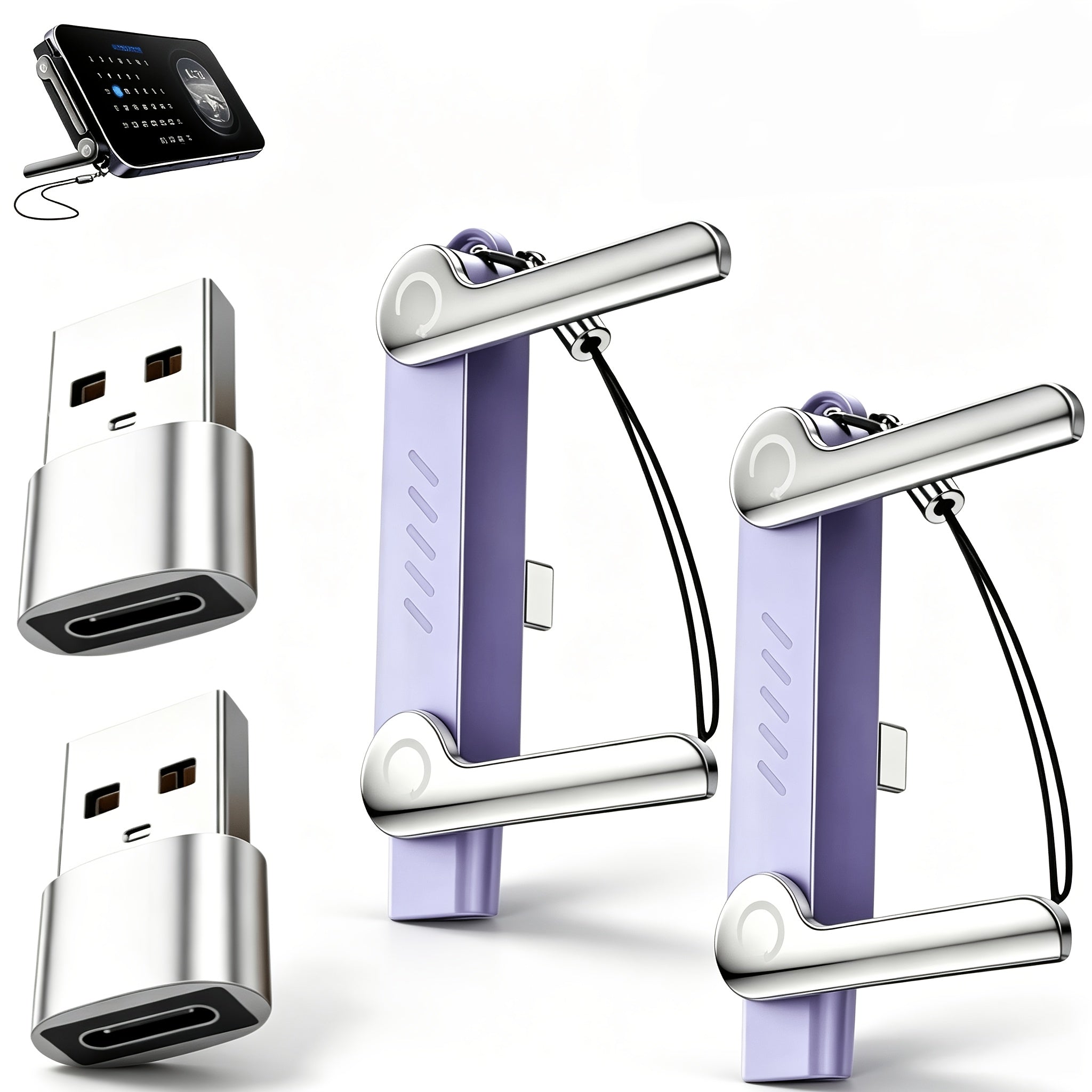 (Purple/Gray/Pink/Blue/Orange/Black/White) 2 USB Adapters 2 Bracket Heads USB-C Power Adapter, Black