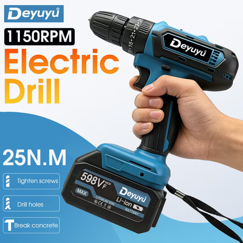 Deyuyu Cordless Electric Drill, Keyless Chuck, Stepless Speed Control, Forward/reverse Function