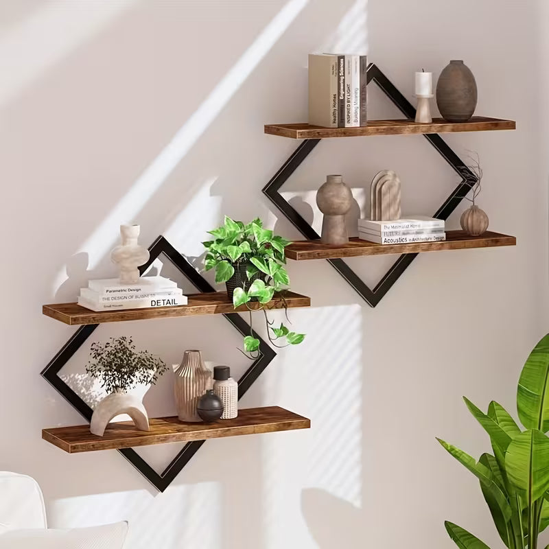 2/4pcs Double Layer Geometric Diamond Wall Floating Shelf Decorative Industrial Hanging Metal Wire