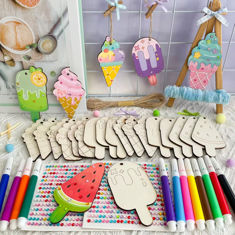 39-Piece Ice Cream Wood Crafts Kit Include 24-Piece DIY Unfinished Wood