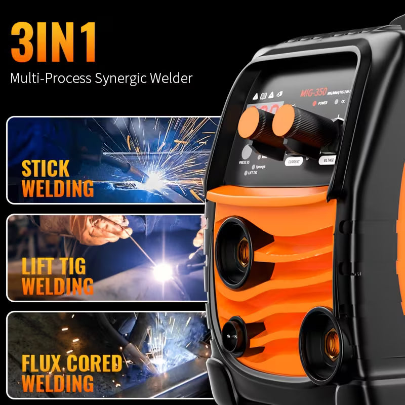 MIG250/MIG350 3in 1 Welder 110V Gasless Design, Durable Orange Shell with Complete Starter Kit