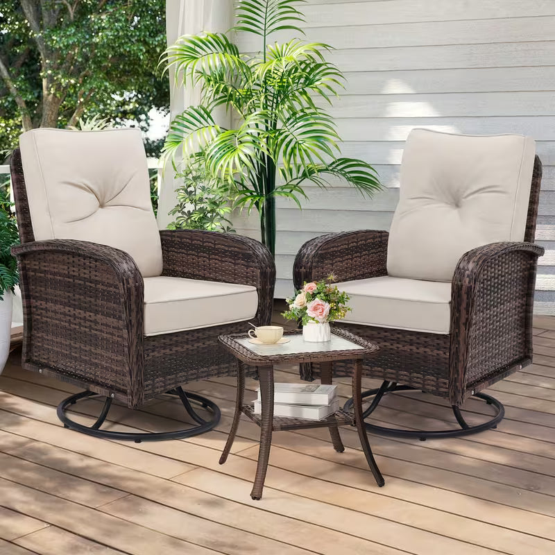 3pcs Patio Furniture Set, Outdoor Swivel Rocking Chairs with Glass Top Table and Thick Cushions