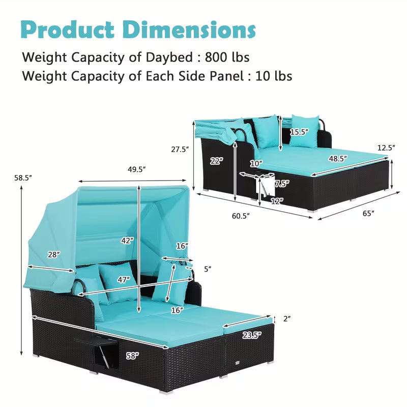 COSTWAY 2-Person Outdoor Daybed, Patio Double Chaise Lounger with Retractable Canopy And Side