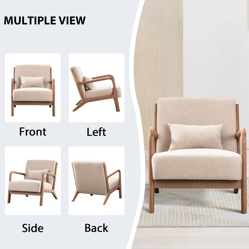 Mid-Century Modern Accent Chair, Linen Fabric Upholstered Living Room Chair with Solid Wood Frame