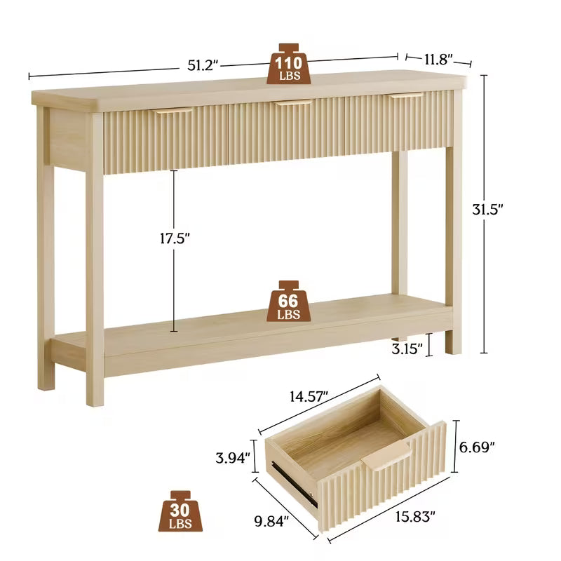 51 IN Fluted Console Table with 3 Drawers, Modern Entryway Table with Metal Handles