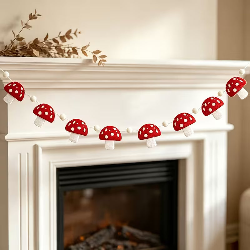 Mushroom Garland - Red Mushroom Pompom Banner, Woodland, Red