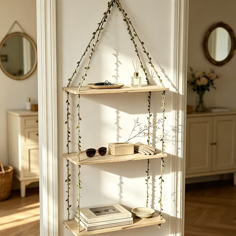 1pc Bohemian Farmhouse Leaf Rope Hanging Shelves Faux Rattan Three-Tier Hanging Wood Floating