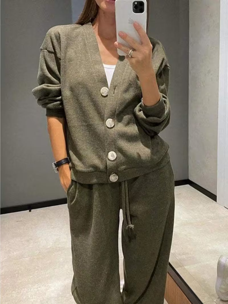 Buttoned Cardigan and High Waist Pocketed Drawstring Pants