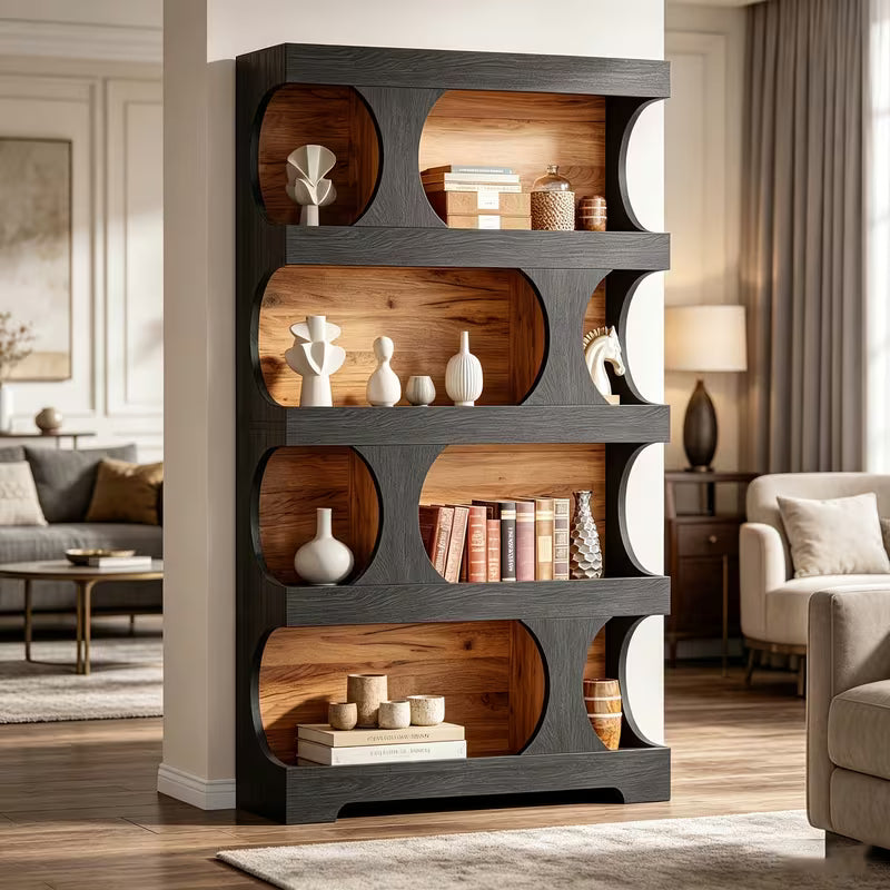 4-Tier S-Shaped Bookcase - Modern Wood Bookshelf with Wide Shelves & Curved