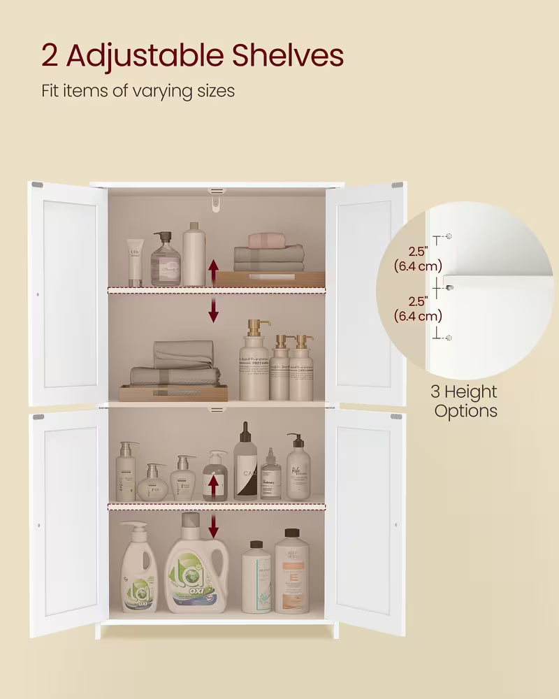 Floor Storage Cabinet, Shaker Style Cabinet with 2 Adjustable Shelves, 4 Doors