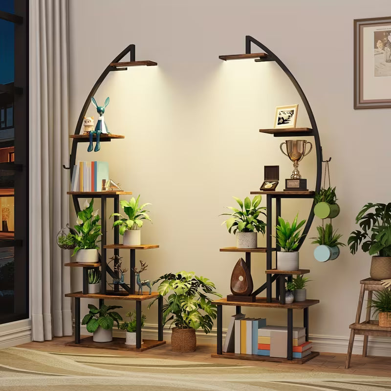 2pcs Bookshelf with Lights, 7 Tiered 65' Multi-Functional Metal Black And Brown Shelving Unit