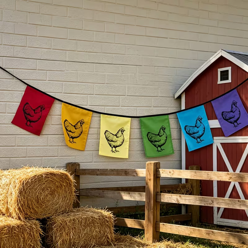 Vibrant Rainbow Chicken Flag Bunting, Classic Country Farm Style Hanging Decor