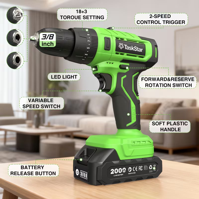 Taskstar 21V Brushless Cordless Drill & Driver Tool Set Compatible for DIY & - 30Nm Motor