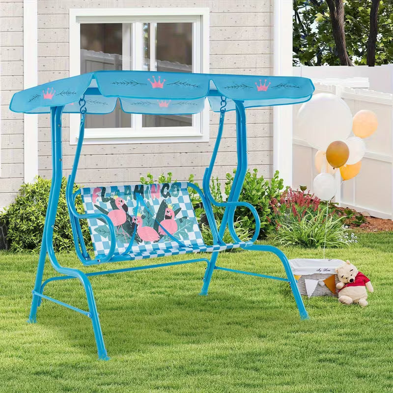 COSTWASY Kids Patio Swing, 2-Seater Swing Chair w/Metal Stand & Adjustable Canopy