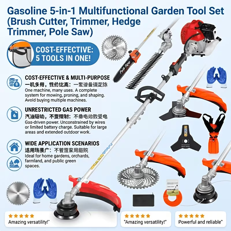 120Cc 6-In-1 Gasoline Brush Cutter/Weed Trimmer/Mower/High-Powered Saw/Lawn Mower, Two-Stroke