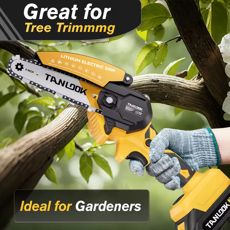 Mini Chainsaw 6-Inch Cordless Battery Indicator- Handheld Electric Battery Powered Hand Chainsaw
