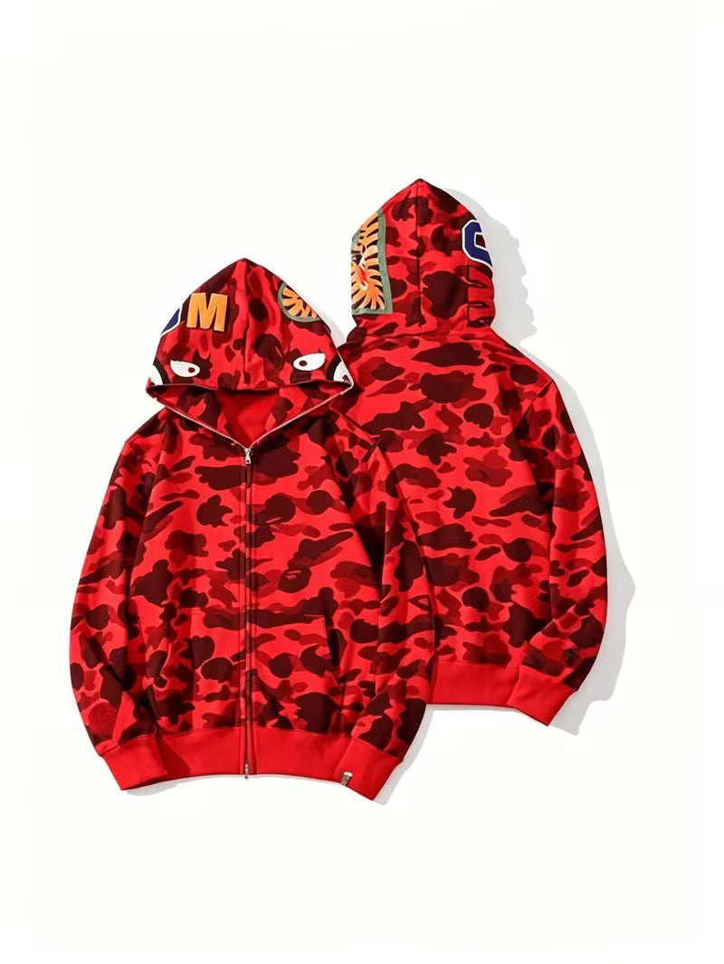 HCKJ - Teen and Red Shark Hoodie - Camouflage Full Zip Hooded Sweatshirt, Hip Hop Style