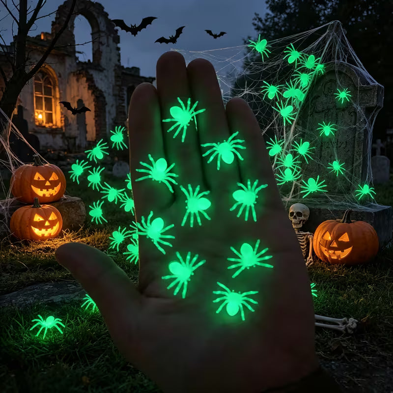 Halloween Home Decor Statue Ornament, Glow-in-the-Dark Plastic Small Spiders, 95pcs/Pack