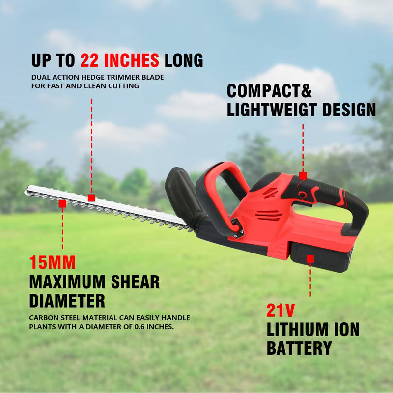 21V Cordless Hedge Trimmer, Handheld Battery Powered Hedge Trimmer, 1500 RPM Shrub Trimmer