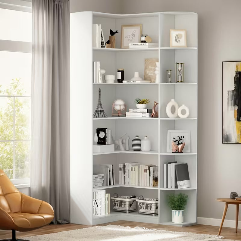 Contemporary 71-Inch Tall Bookshelf, a Standalone Corner Unit, White