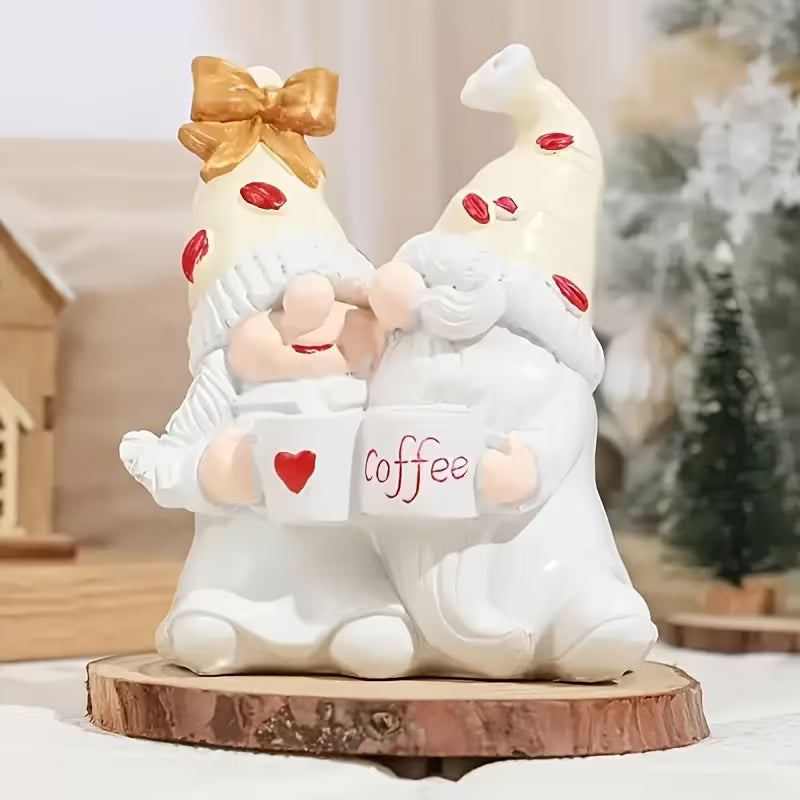 A Pair of Charming Winter Coffee Gnome Couple Statues, Creative Holiday Home Gifts
