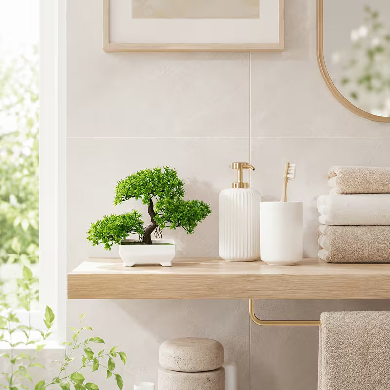 Green Faux Juniper Bonsai Set, White