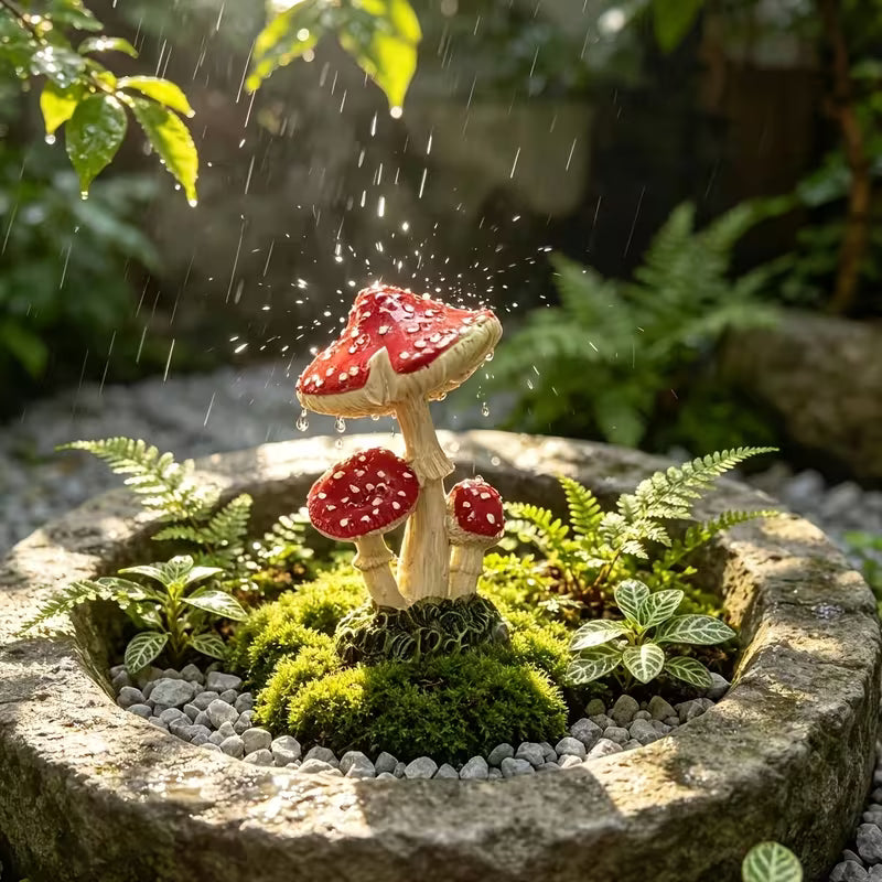 Red and White Spotted Resin Mushroom Ornament Set, Resin, White